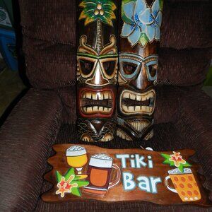 SOLDTIKI MASKS & BAR SIGN 3 PC TROPICAL ISLAND WOOD POLYNESIAN WALL ART🆕📦🚚